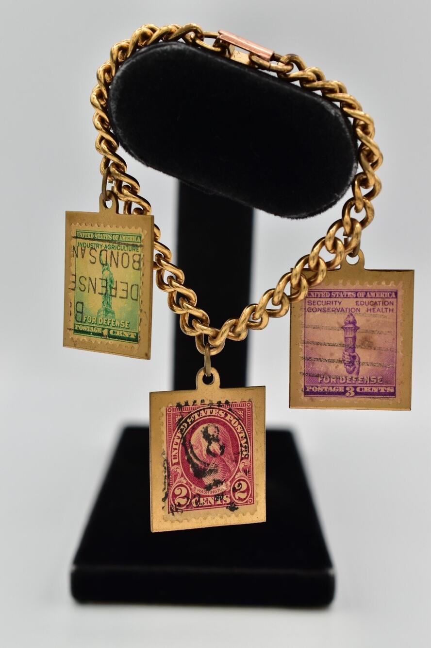 Vintage Stamp Charm Bracelet Antiqued Gold Dangle USA Florida California BinAW